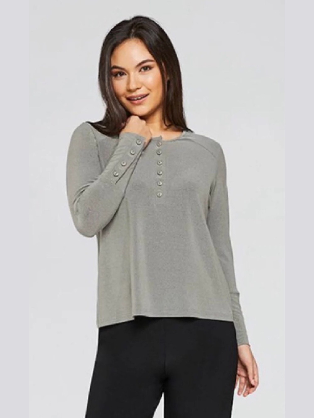 SYMPLI Long-sleeve Diva Henley Top Soft Sage Green MADE IN CANADA Sz 10